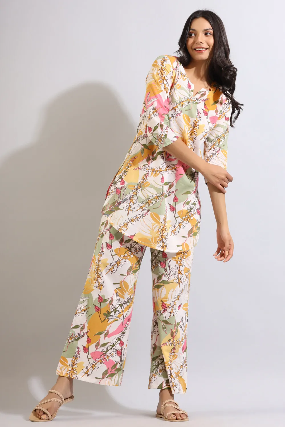 Abstract Leaves on Off-white Cotton Palazzo Loungewear Set