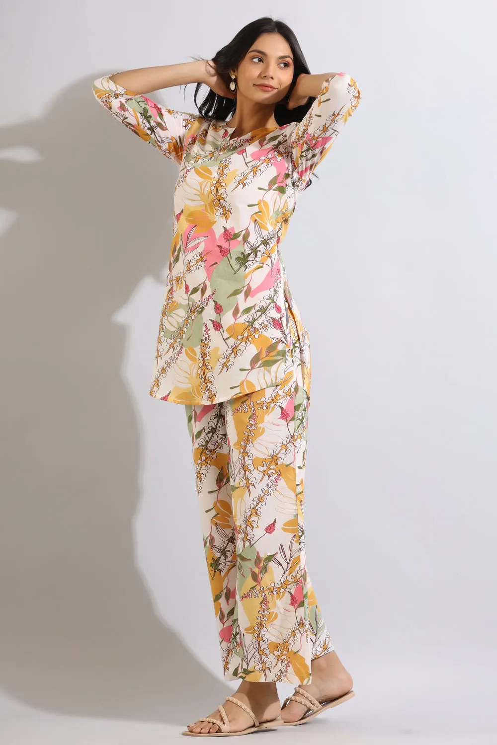 Abstract Leaves on Off-white Cotton Palazzo Loungewear Set