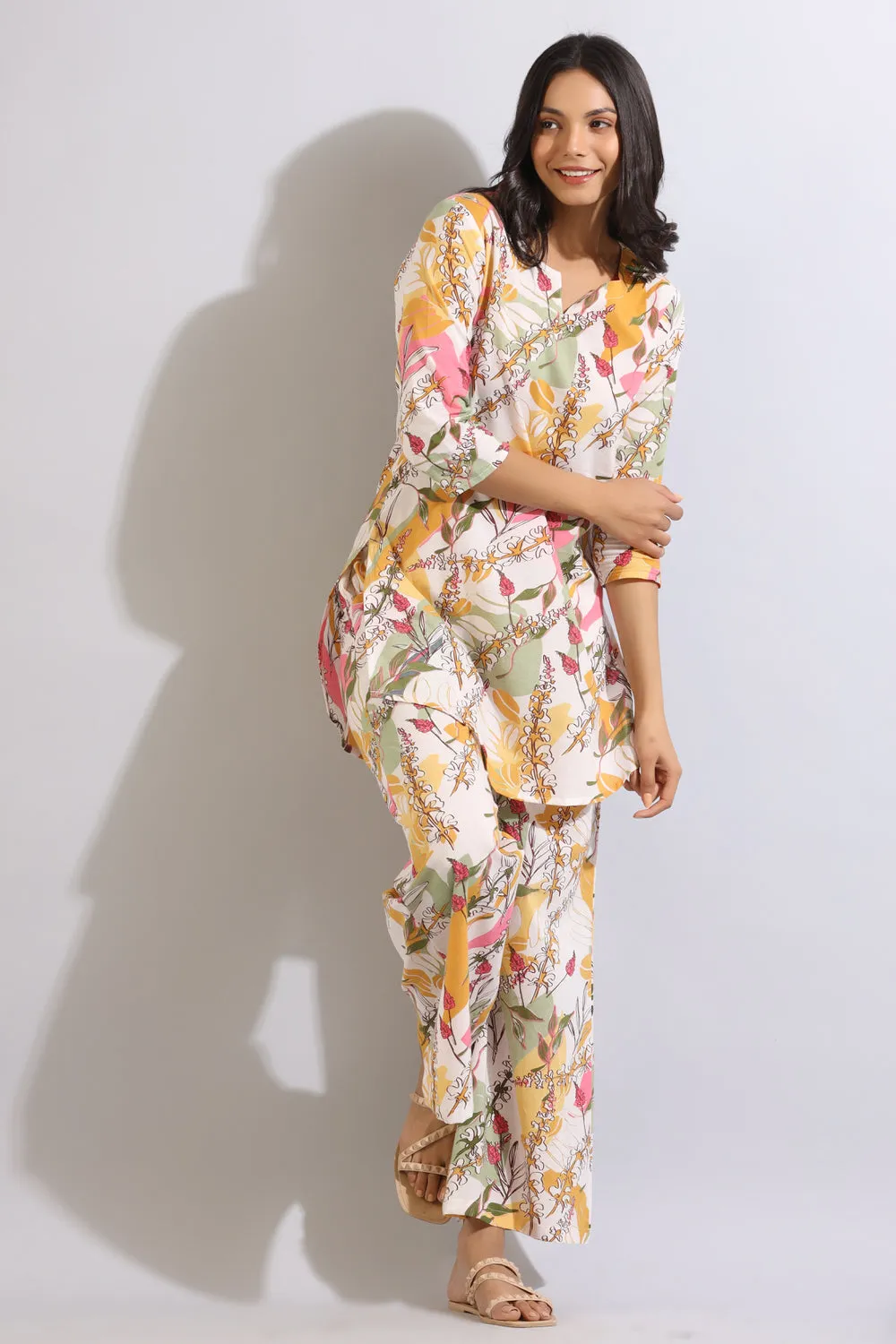 Abstract Leaves on Off-white Cotton Palazzo Loungewear Set