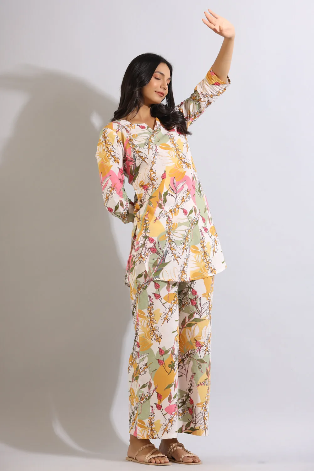 Abstract Leaves on Off-white Cotton Palazzo Loungewear Set