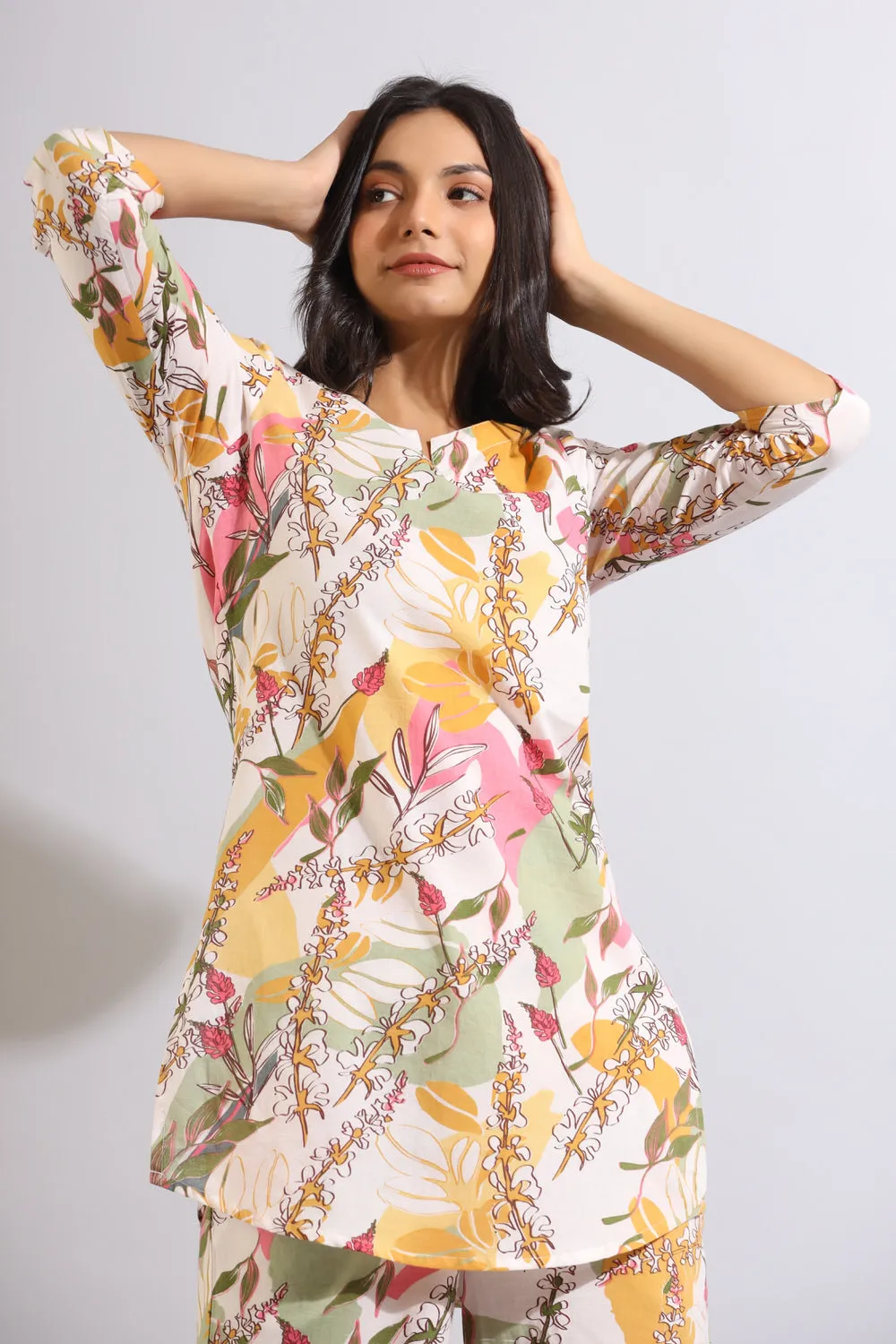 Abstract Leaves on Off-white Cotton Palazzo Loungewear Set