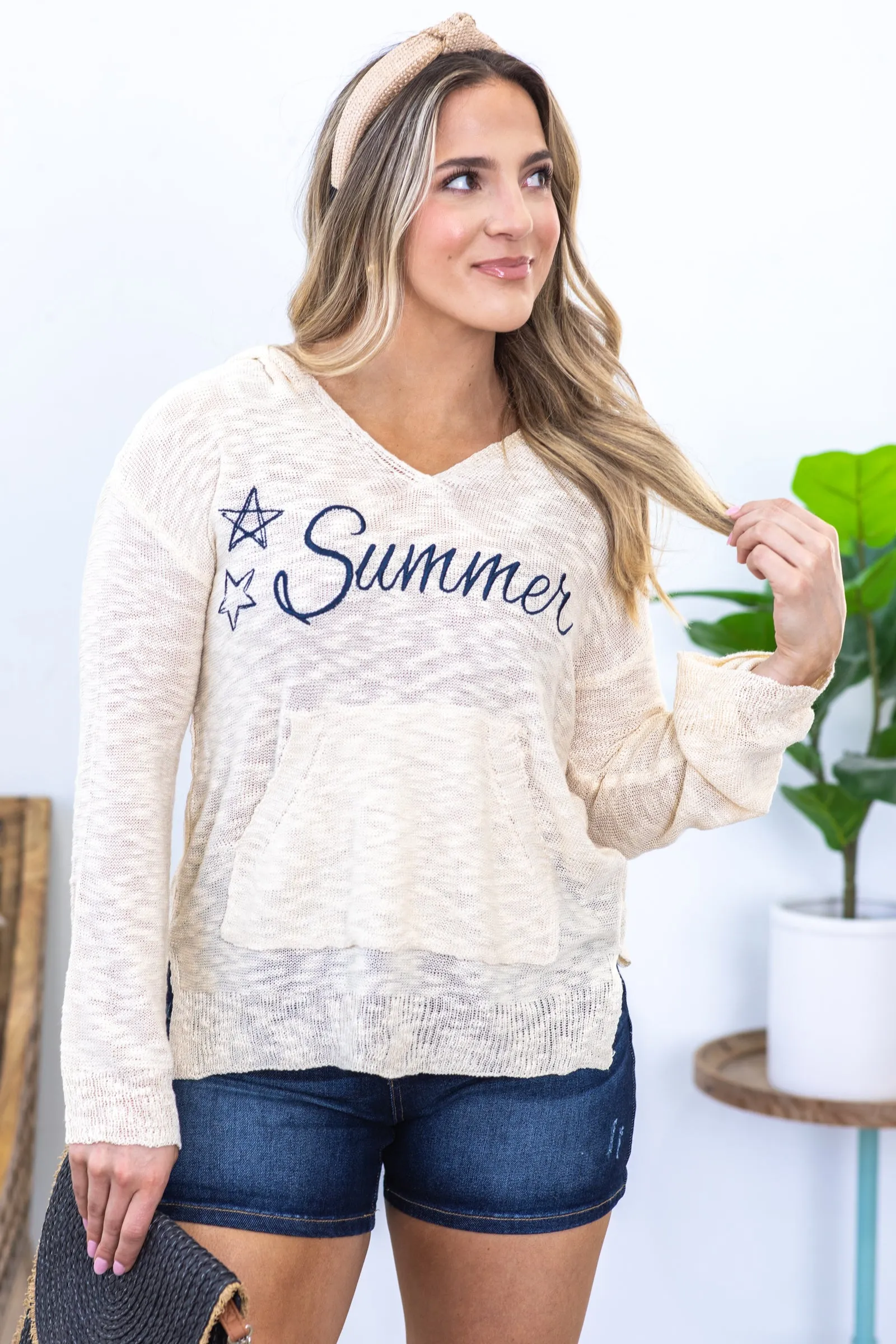 Beige Summer Embroidery Lightweight Hooded Top