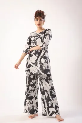 Bird Print On Black Palazzo Loungewear Set