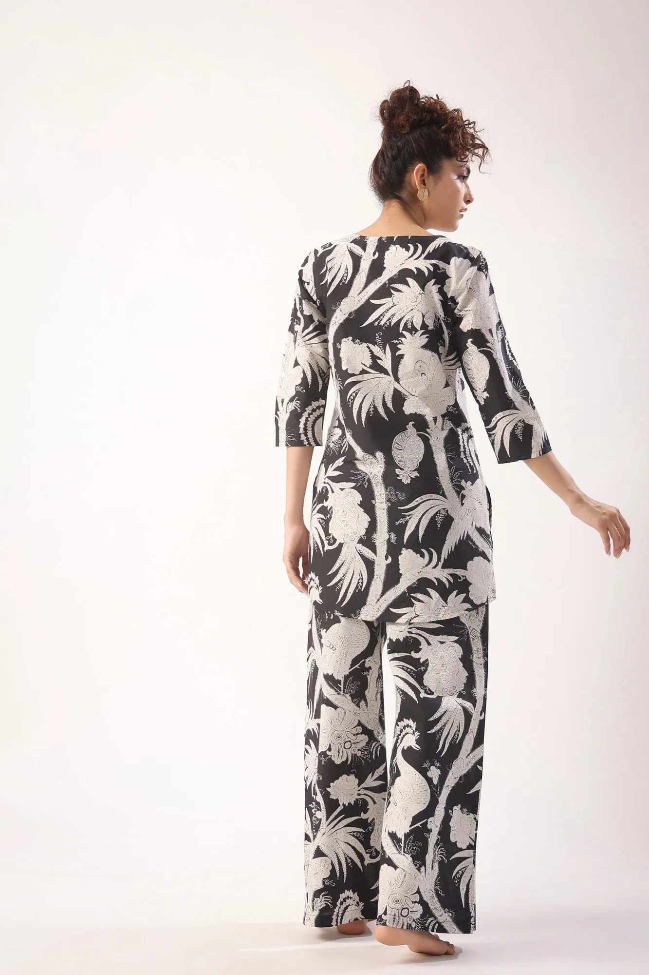 Bird Print On Black Palazzo Loungewear Set