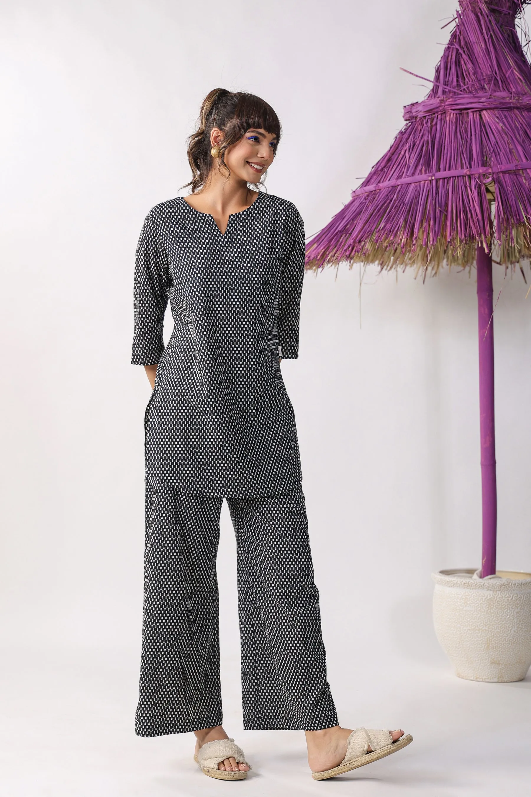 Black Butis on Cotton Palazzo Loungewear Set