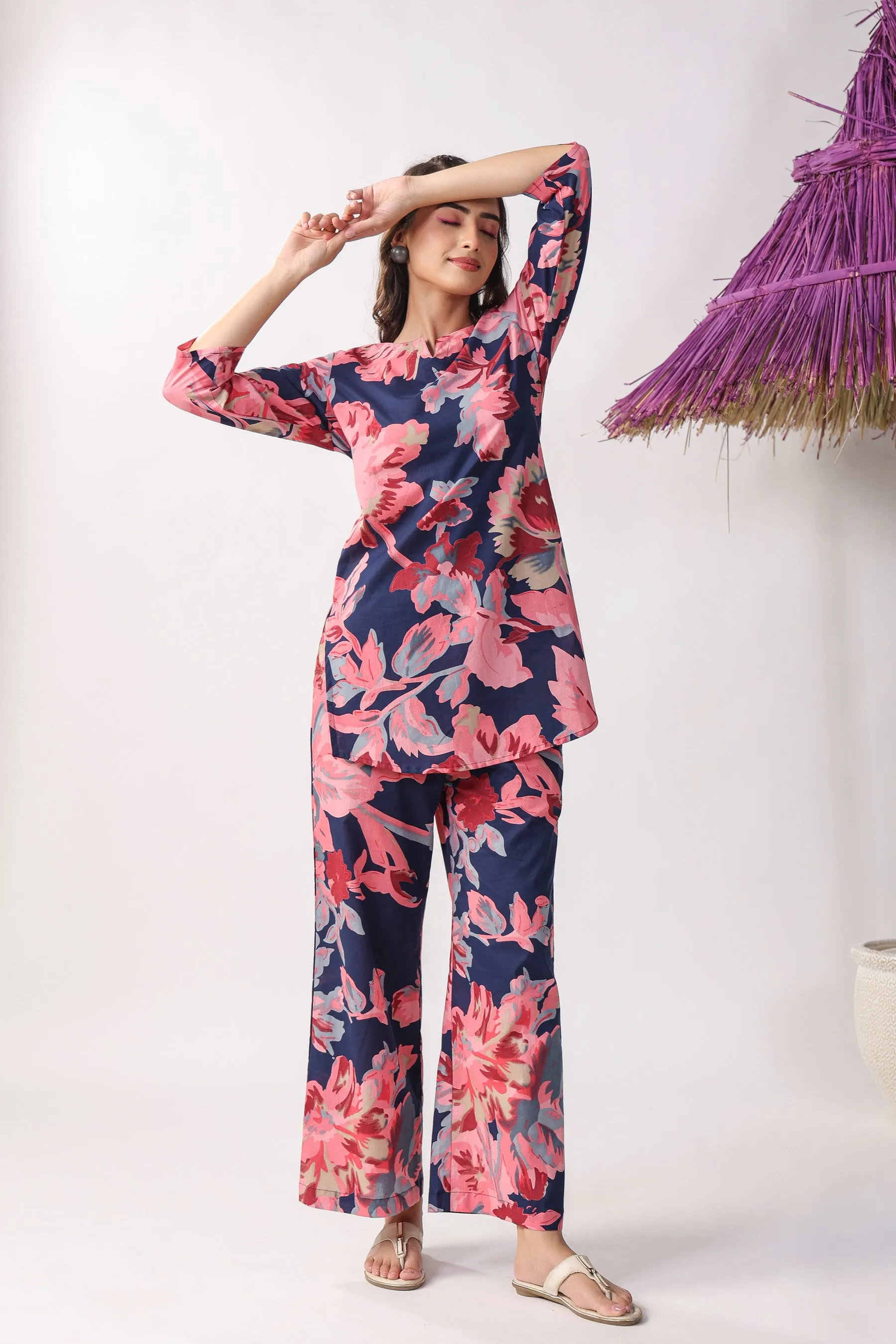 Blue Floral Cotton Palazzo Loungewear Set