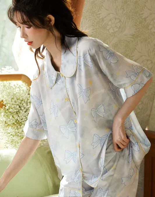 Blue Ice Silk Sleepwear Cardigan Set