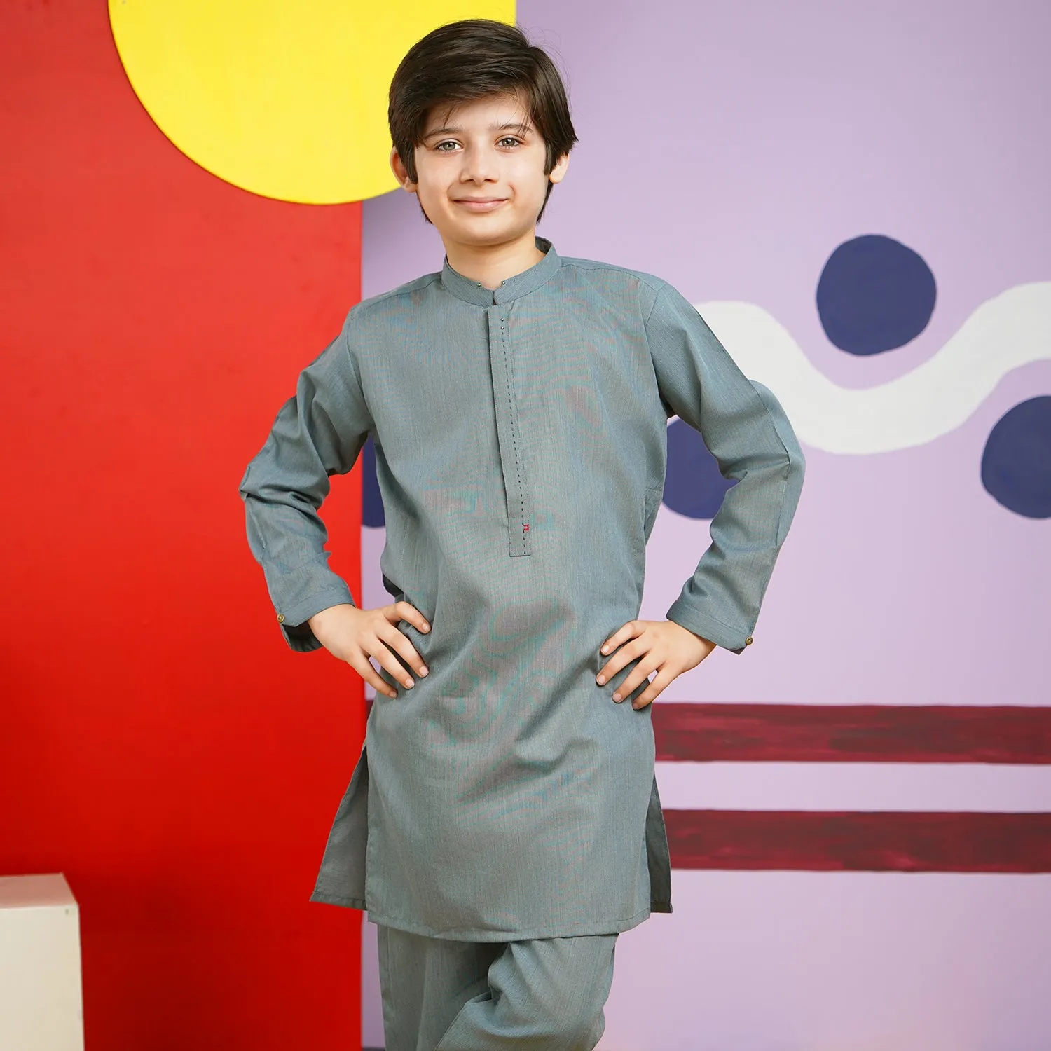 Boys Poly Viscose Shalwar Suit (Metal Stud)-GREY