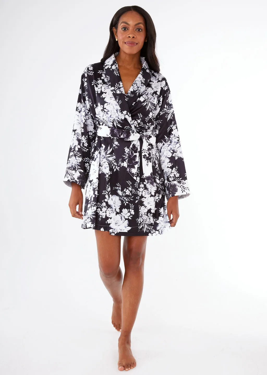 Bridget Robe Short Black and White Rose Chintz Satin