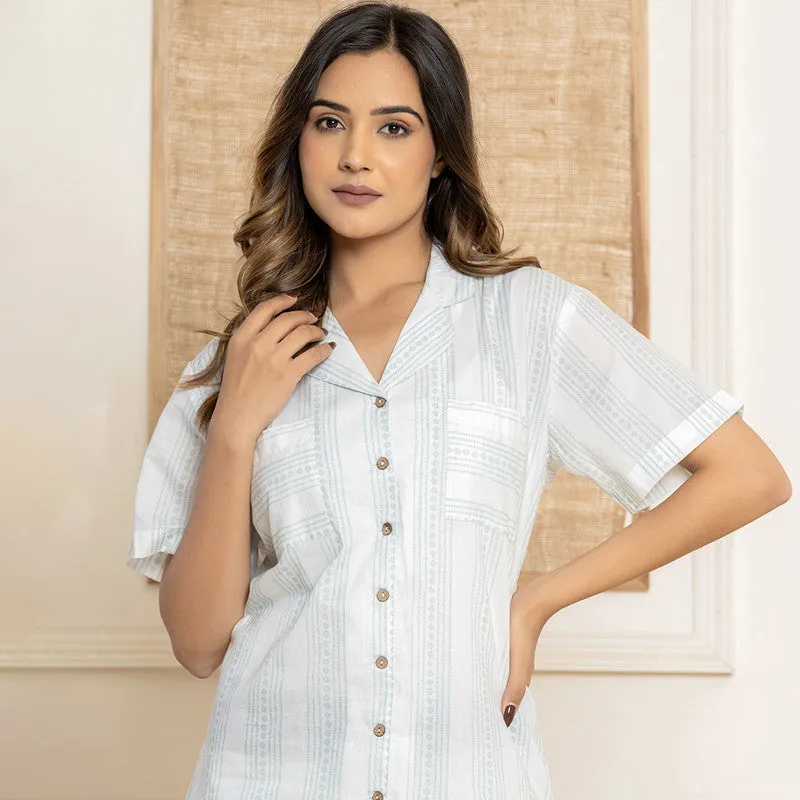 Cambric Cotton Sleepwear Set for Women | White & Blue