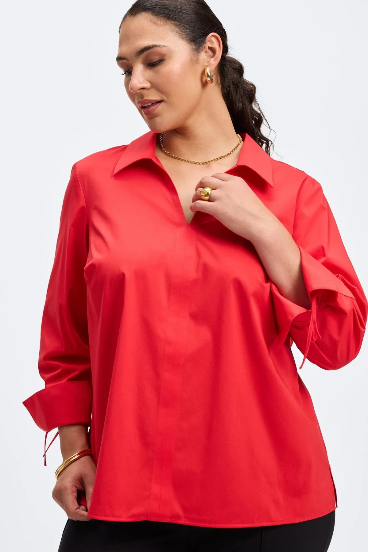 Carla Plus Stretch No Iron Tie Sleeve Popover