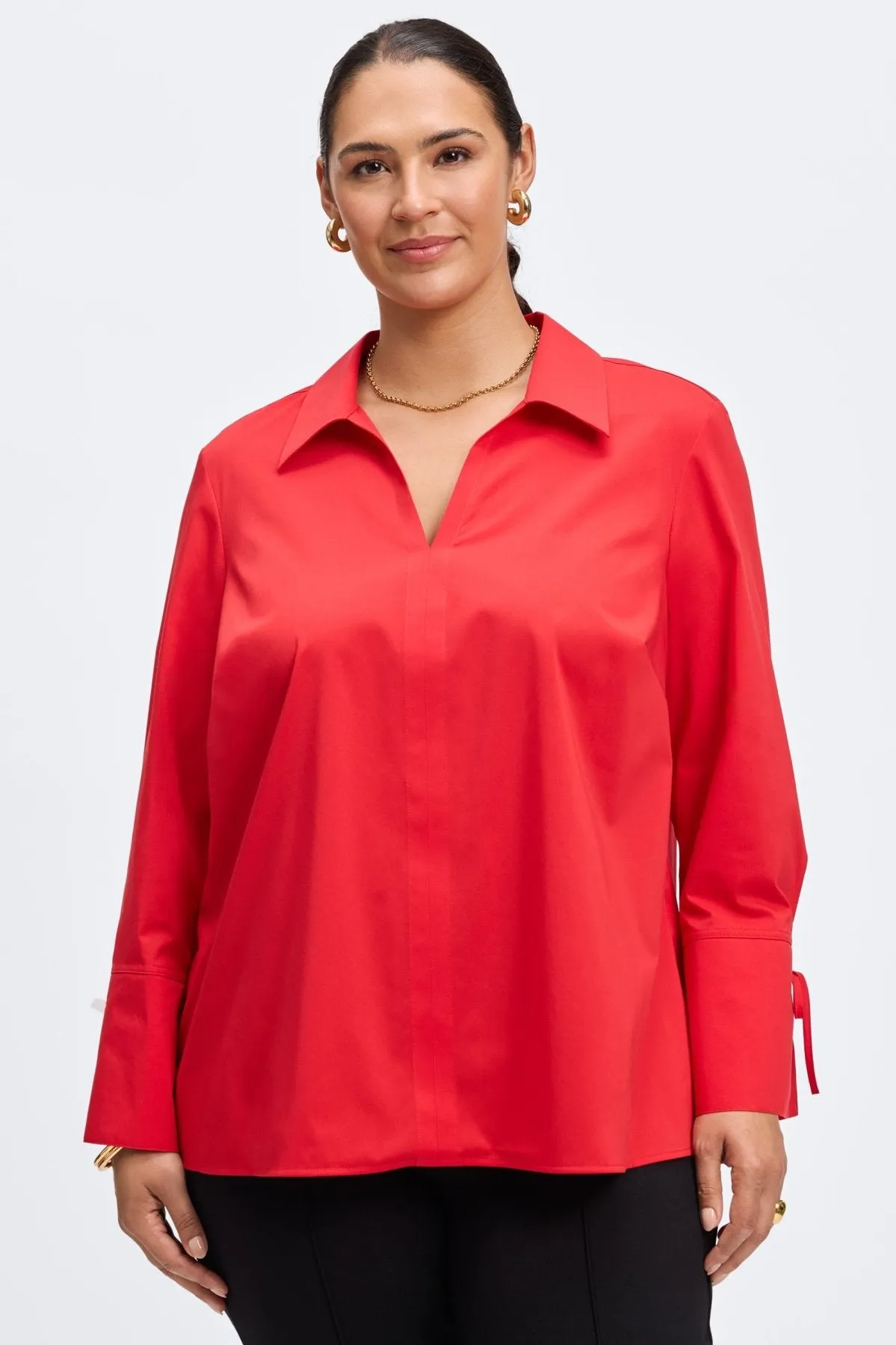 Carla Plus Stretch No Iron Tie Sleeve Popover