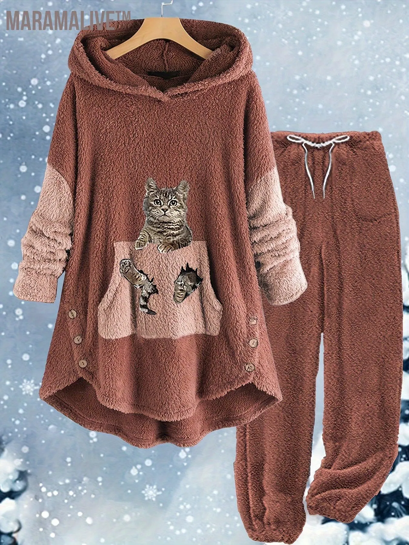 Casual Teddy Two-piece Set, Cute Cat Pattern Hooded Tops & Drawstring Warm Pants Outfits, Women's Clothing