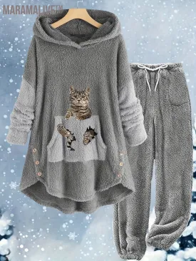 Casual Teddy Two-piece Set, Cute Cat Pattern Hooded Tops & Drawstring Warm Pants Outfits, Women's Clothing