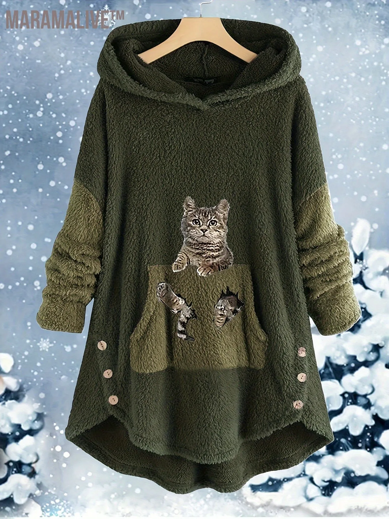 Casual Teddy Two-piece Set, Cute Cat Pattern Hooded Tops & Drawstring Warm Pants Outfits, Women's Clothing