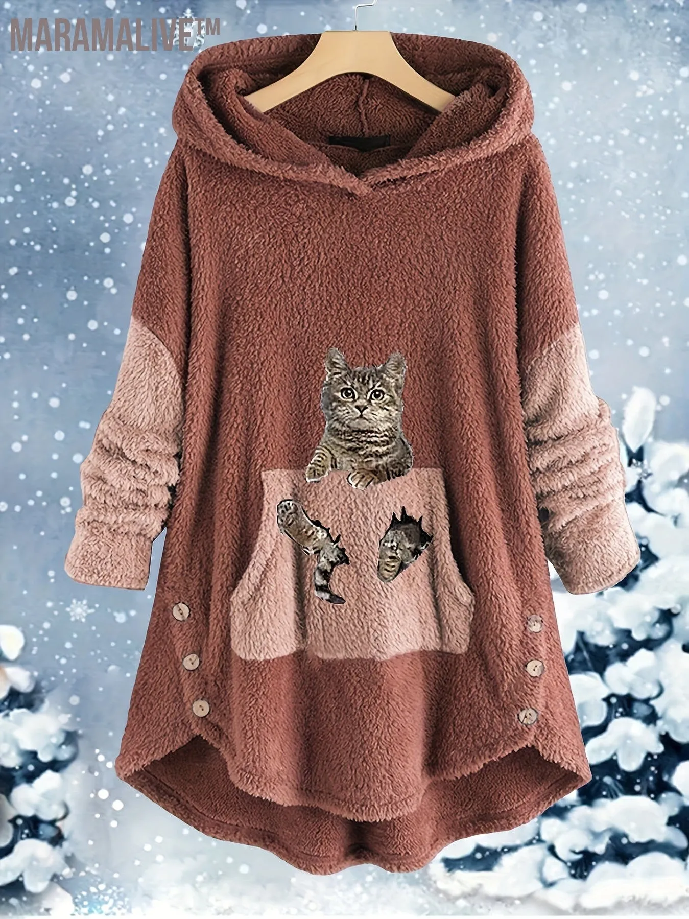 Casual Teddy Two-piece Set, Cute Cat Pattern Hooded Tops & Drawstring Warm Pants Outfits, Women's Clothing