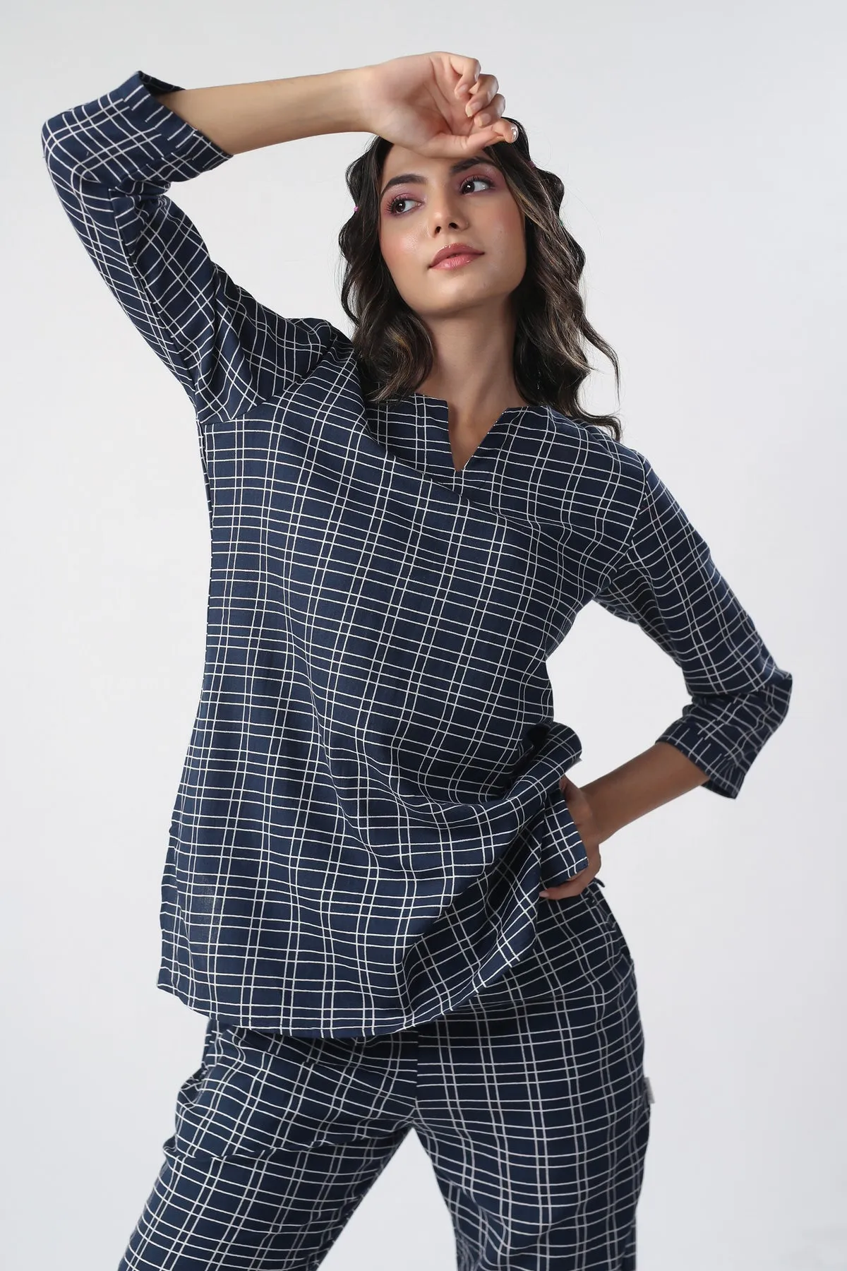 Checkered Blue Cotton Flex Loungewear Top Set