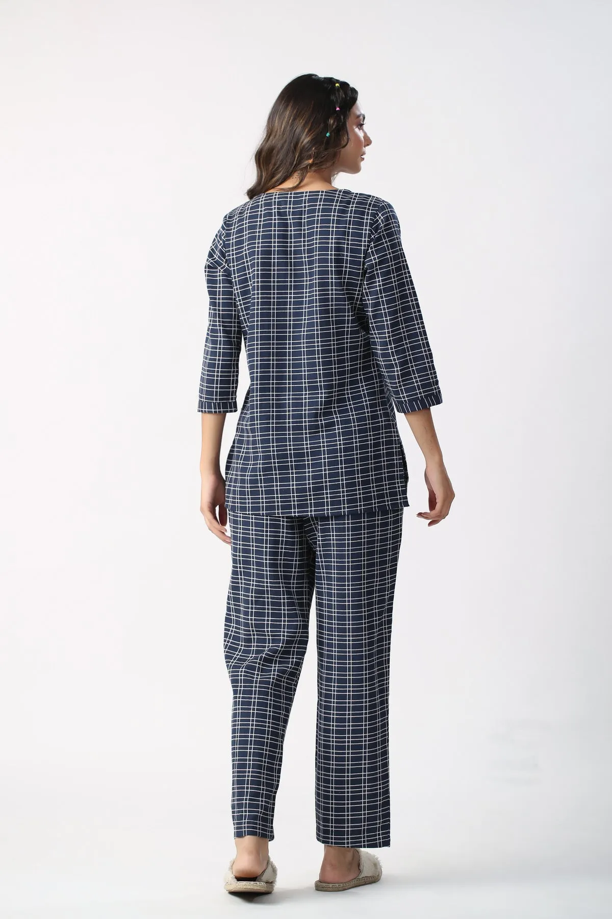 Checkered Blue Cotton Flex Loungewear Top Set