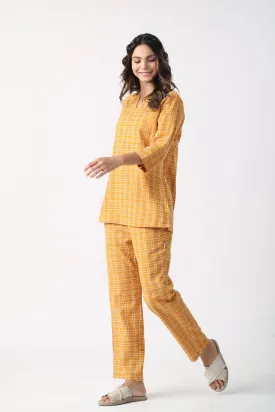 Checkered Saffron Cotton Flex Loungewear Top Set