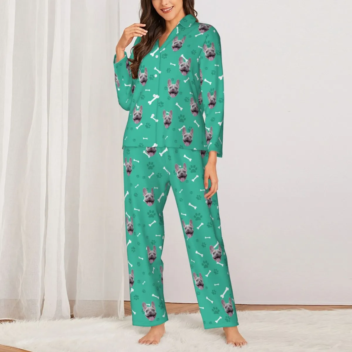 Custom Dog Face Bones & Footprints Long Sleeve Cardigan Pajama Set - Green