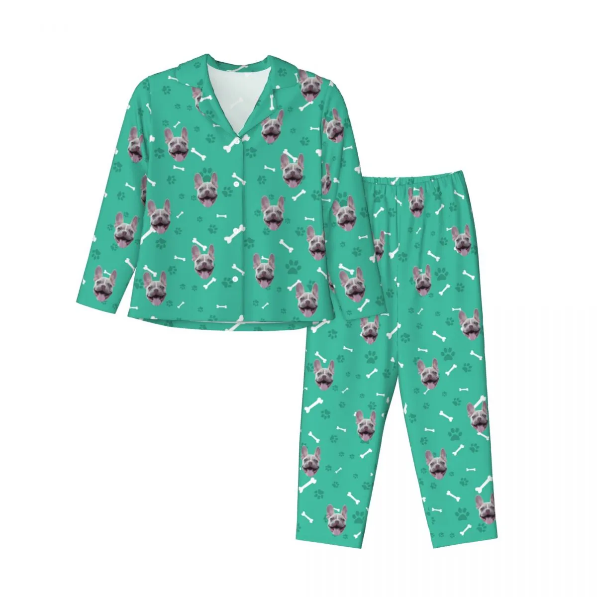 Custom Dog Face Bones & Footprints Long Sleeve Cardigan Pajama Set - Green