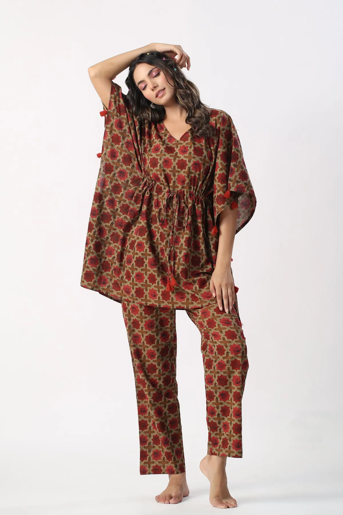 Daabu Motifs on Cotton Maroon Kaftan Pajama set