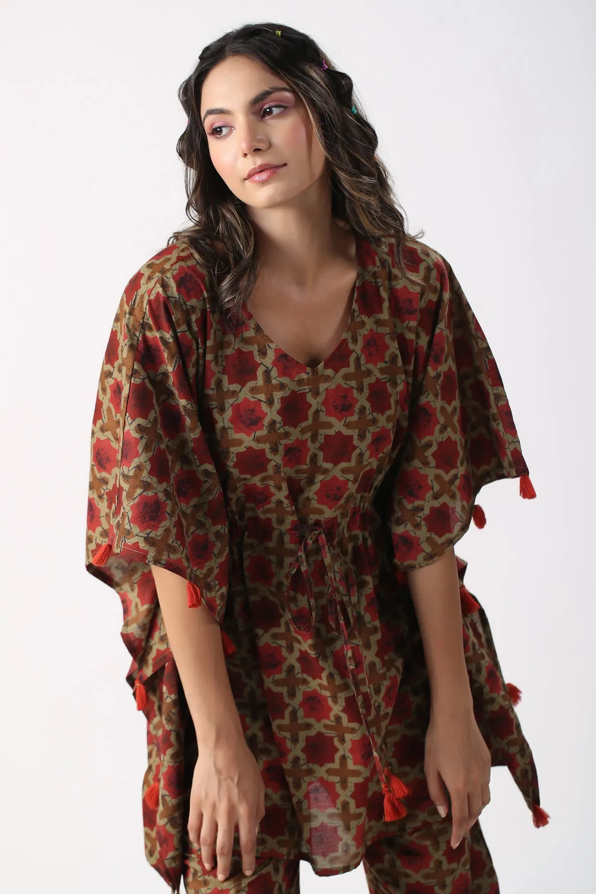 Daabu Motifs on Cotton Maroon Kaftan Pajama set