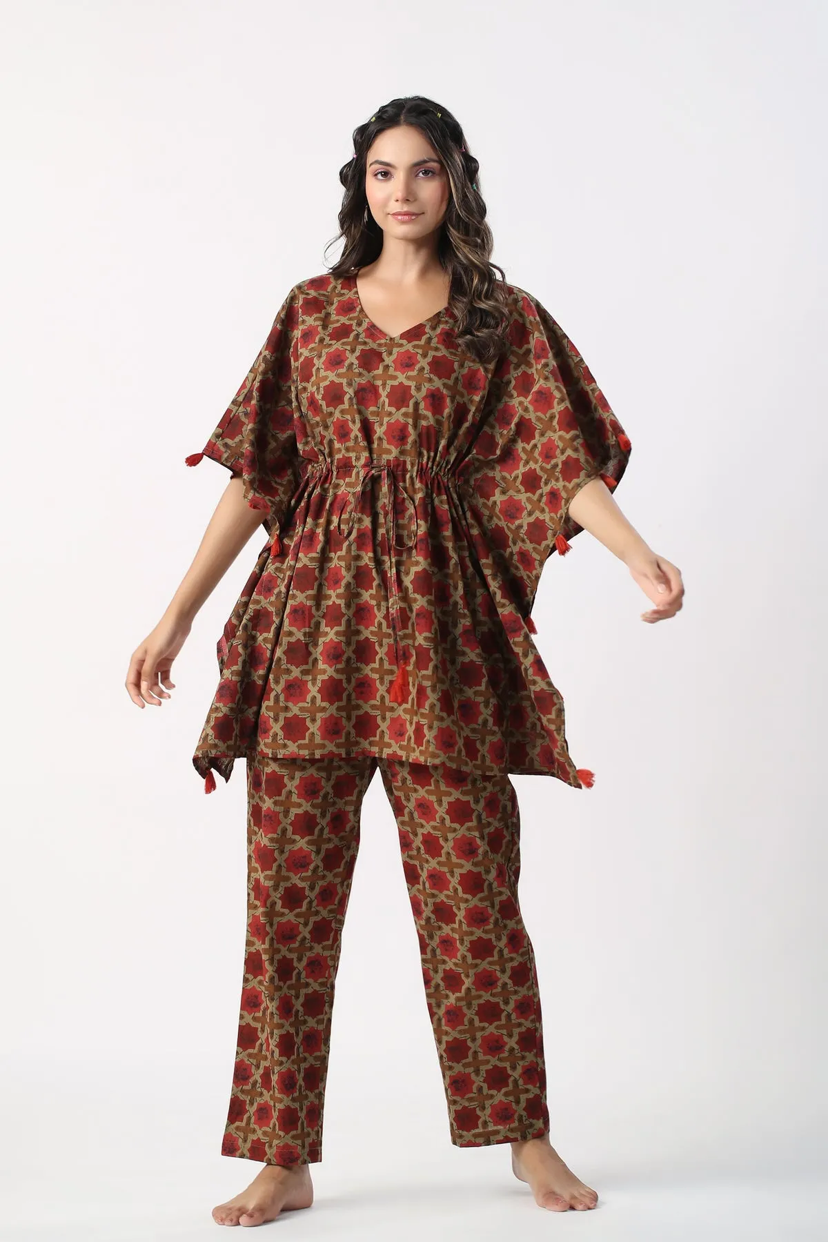 Daabu Motifs on Cotton Maroon Kaftan Pajama set