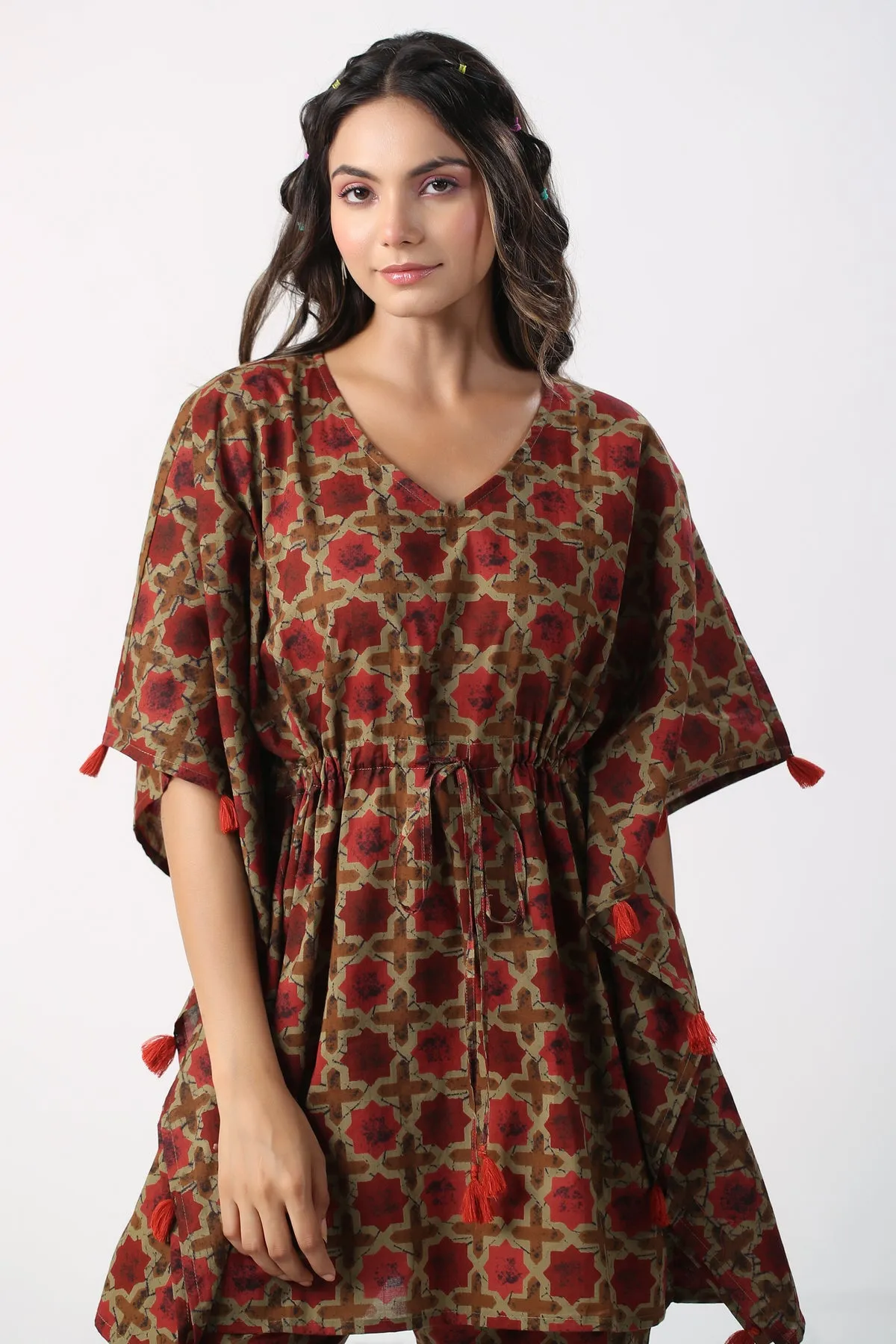 Daabu Motifs on Cotton Maroon Kaftan Pajama set