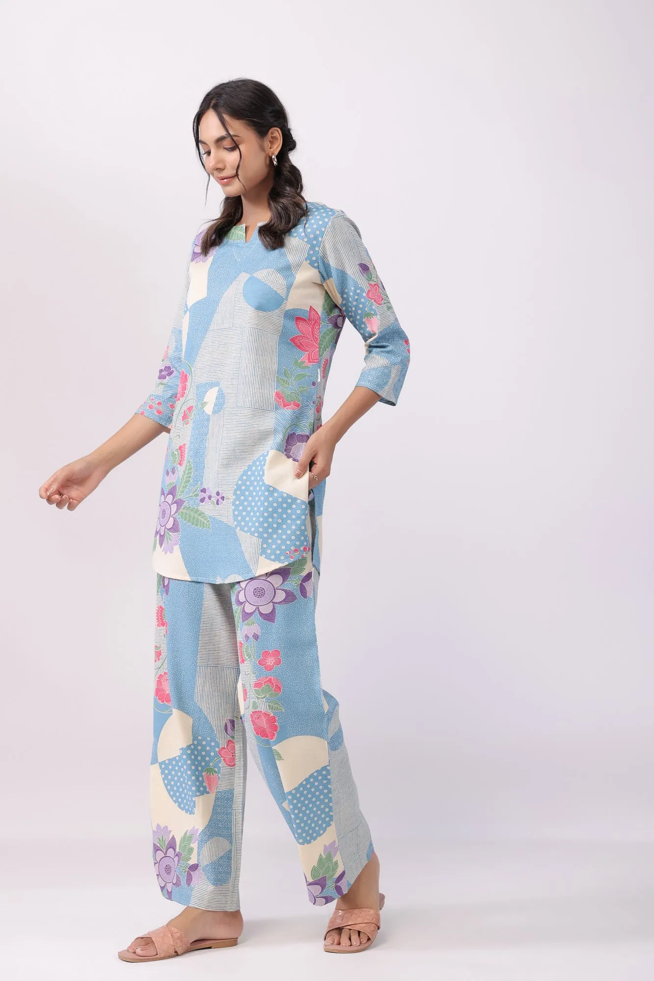 Distant Blooms Blue Cotton Palazzo Loungewear Set