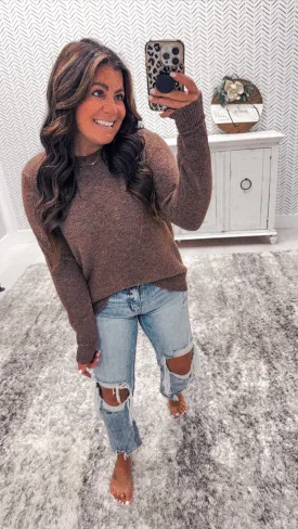 Dreamy Super Soft Mocha Crewneck Lightweight Sweater