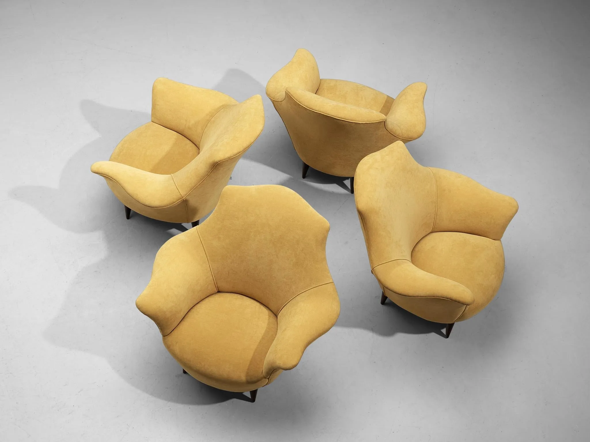 Elegant Set of Four Lounge Chairs in Yellow Velvet and Ash