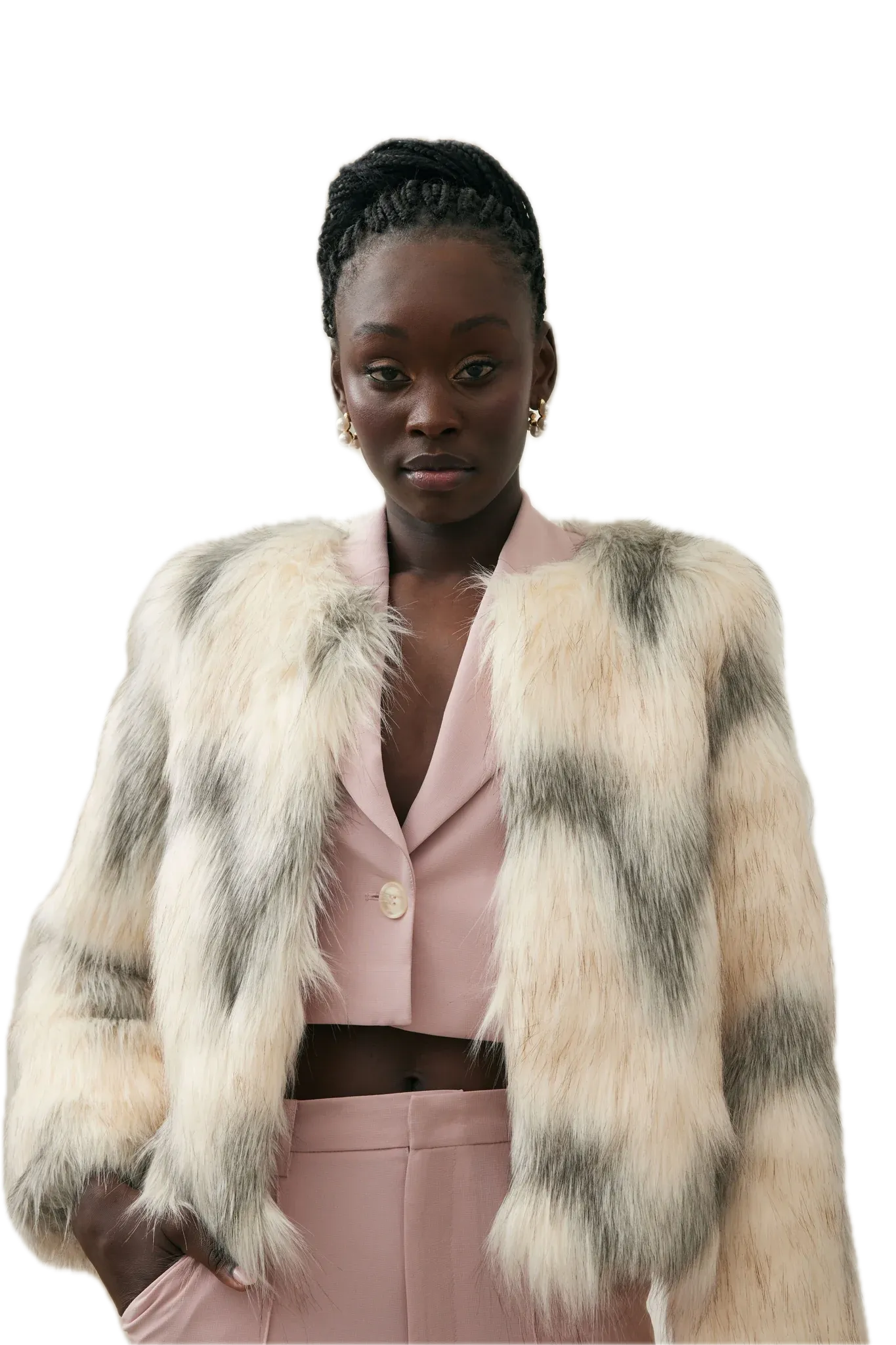 Elliatt Noel Chevron Faux Fur Jacket - Ivory Grey Elegance