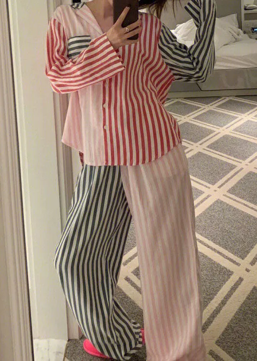 Fashion Colorblock Striped Patchwork Cotton Pajamas Two Piece Set Spring