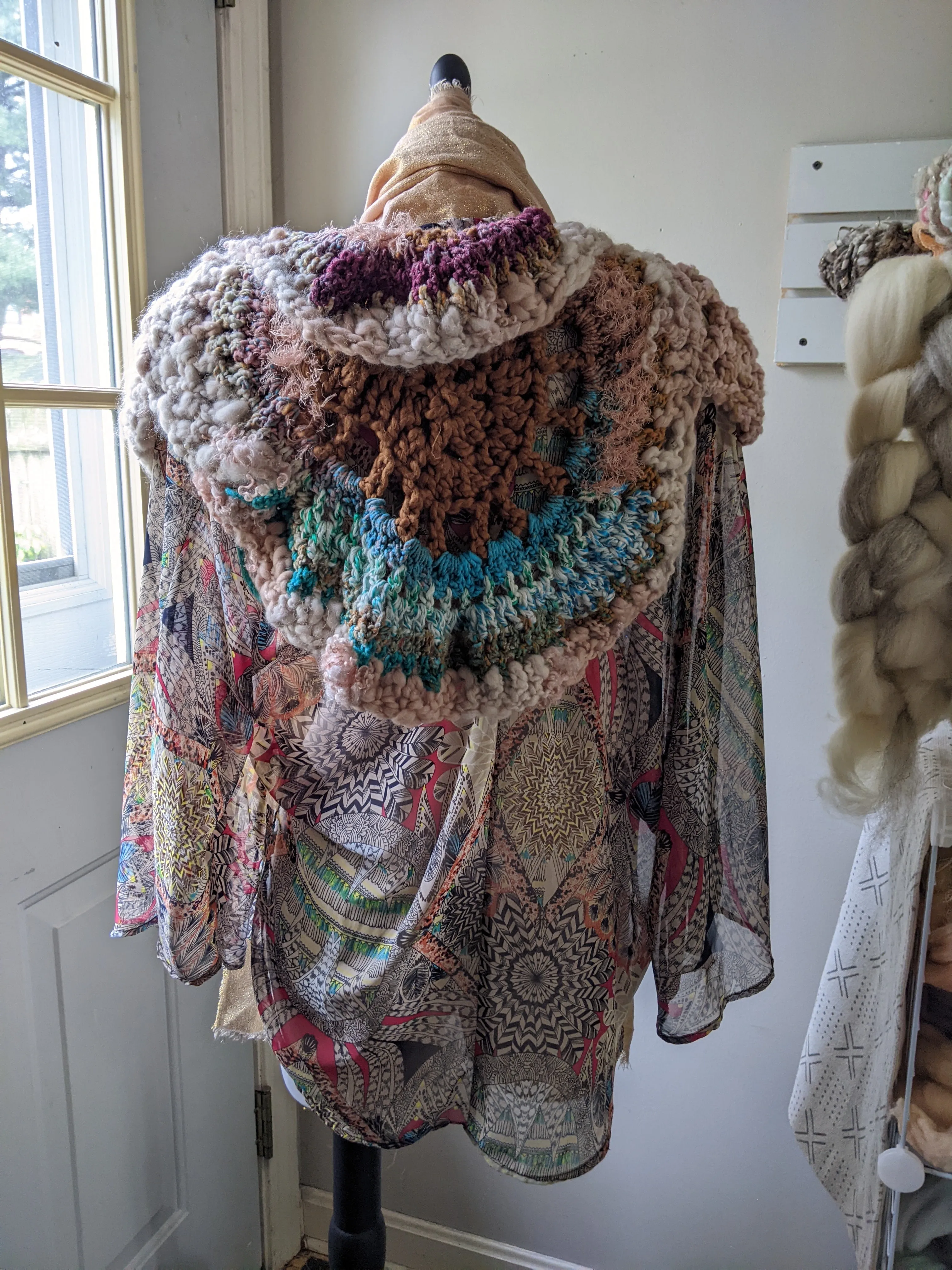 Fiber Festival Freeform Crochet, Knit Handspun, and Woven Boho Peony Kimono WAFA