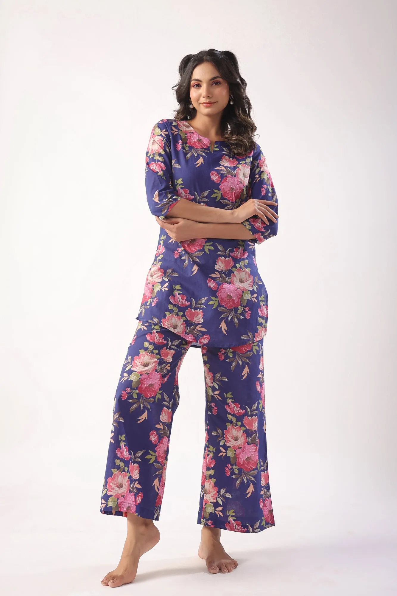 Floral Bouquet on Indigo Cotton Palazzo Loungewear Set