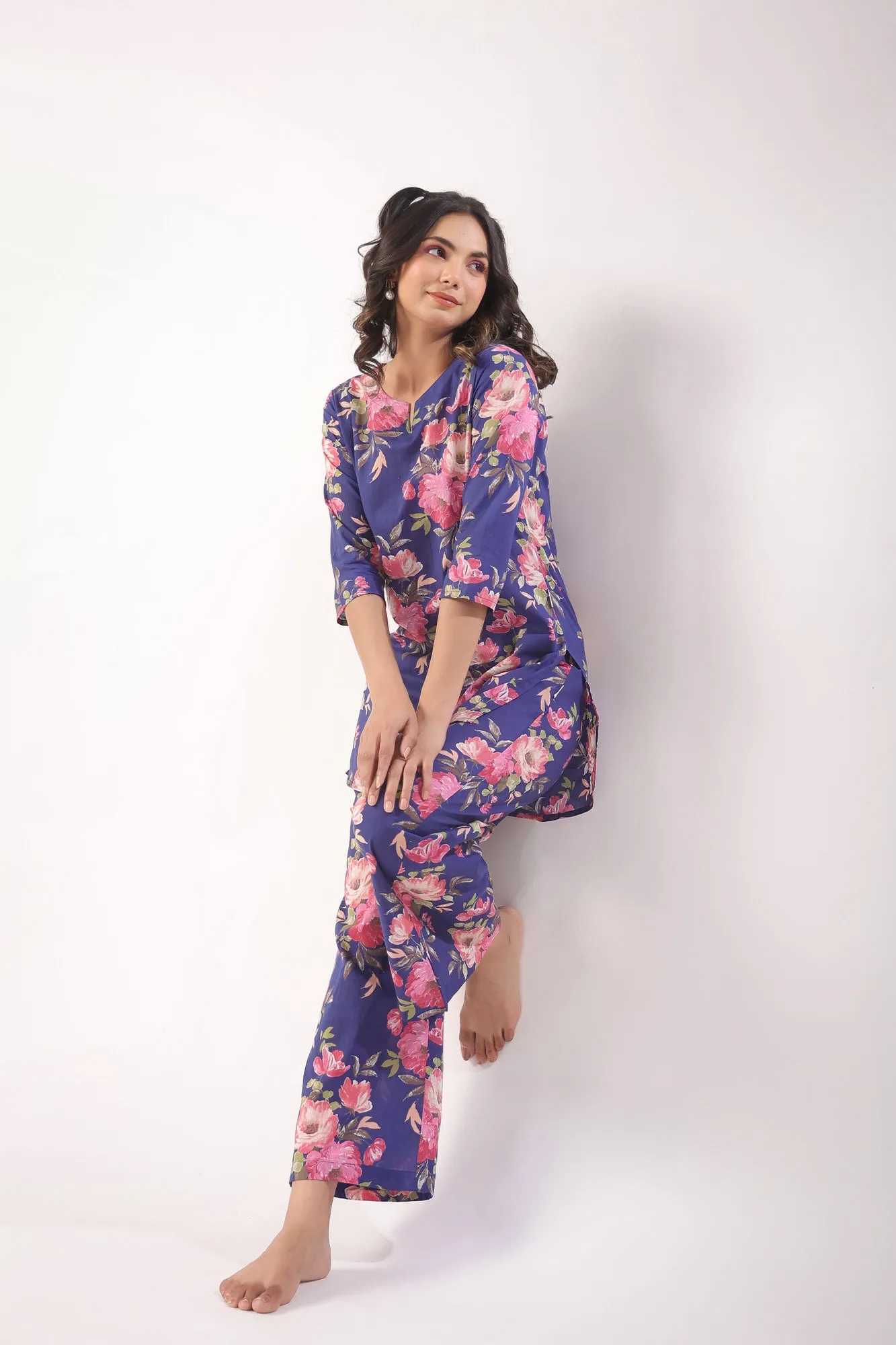 Floral Bouquet on Indigo Cotton Palazzo Loungewear Set