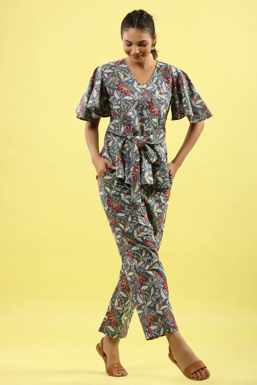 Floral Jaal Blue Tie up Lounge Loungewear Top Set