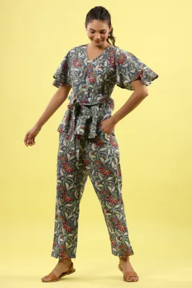 Floral Jaal Blue Tie up Lounge Loungewear Top Set