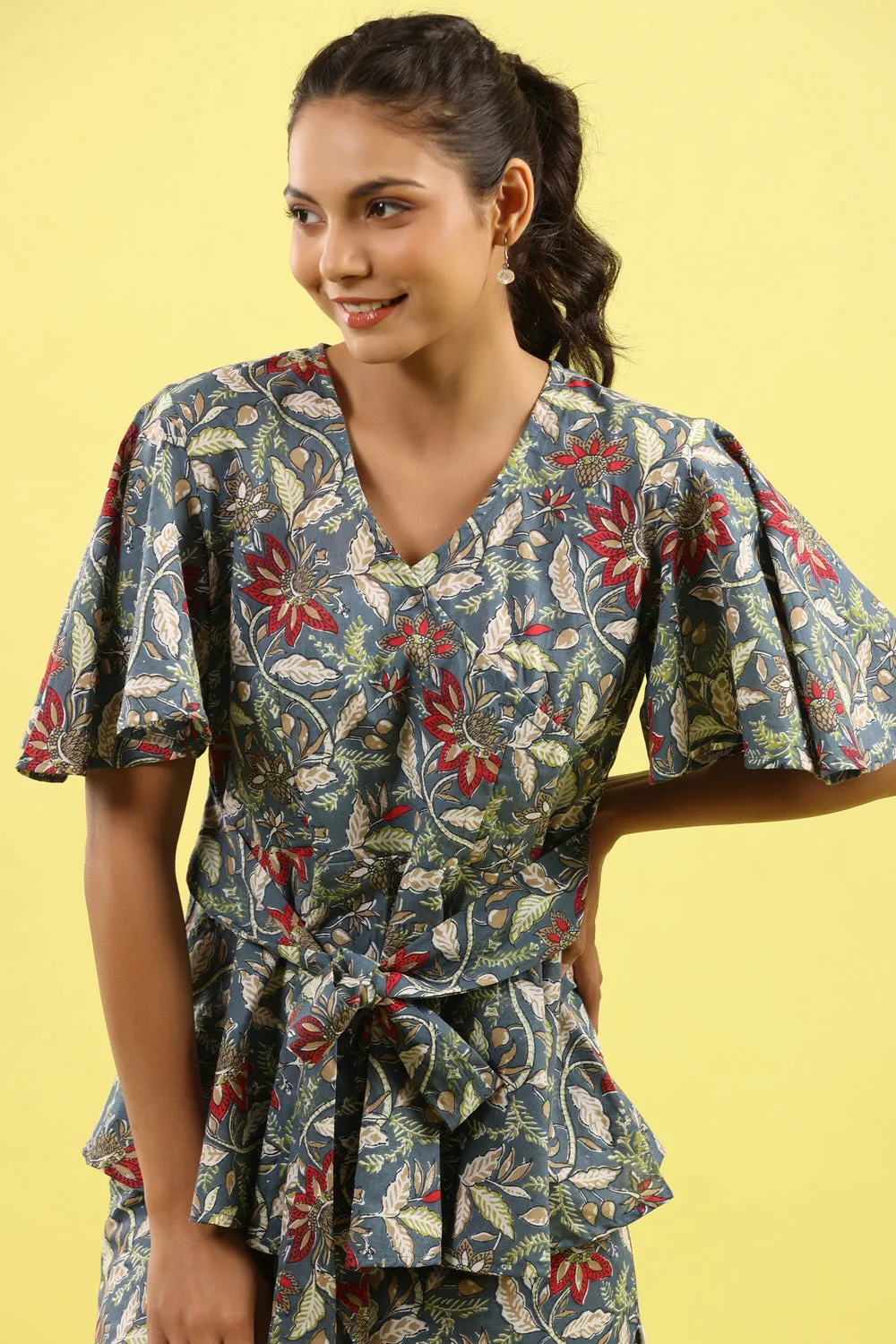 Floral Jaal Blue Tie up Lounge Loungewear Top Set