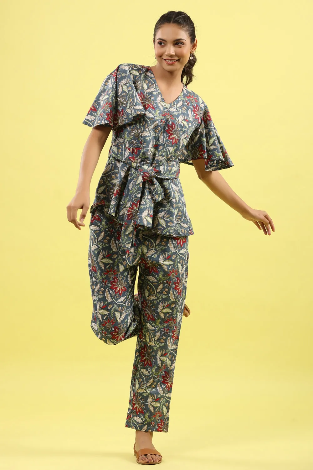 Floral Jaal Blue Tie up Lounge Loungewear Top Set