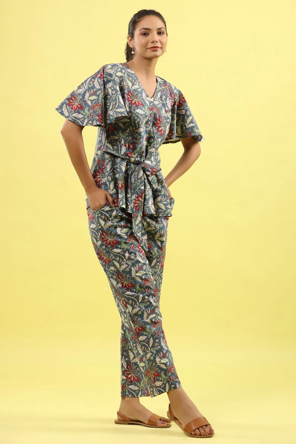 Floral Jaal Blue Tie up Lounge Loungewear Top Set