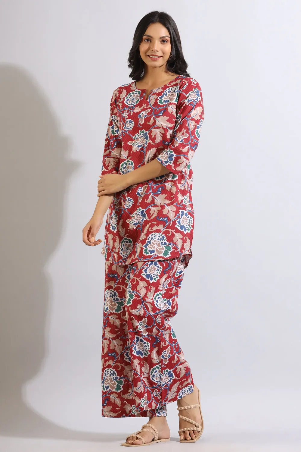 Floral Jaal on Cotton Red Palazzo Loungewear Set