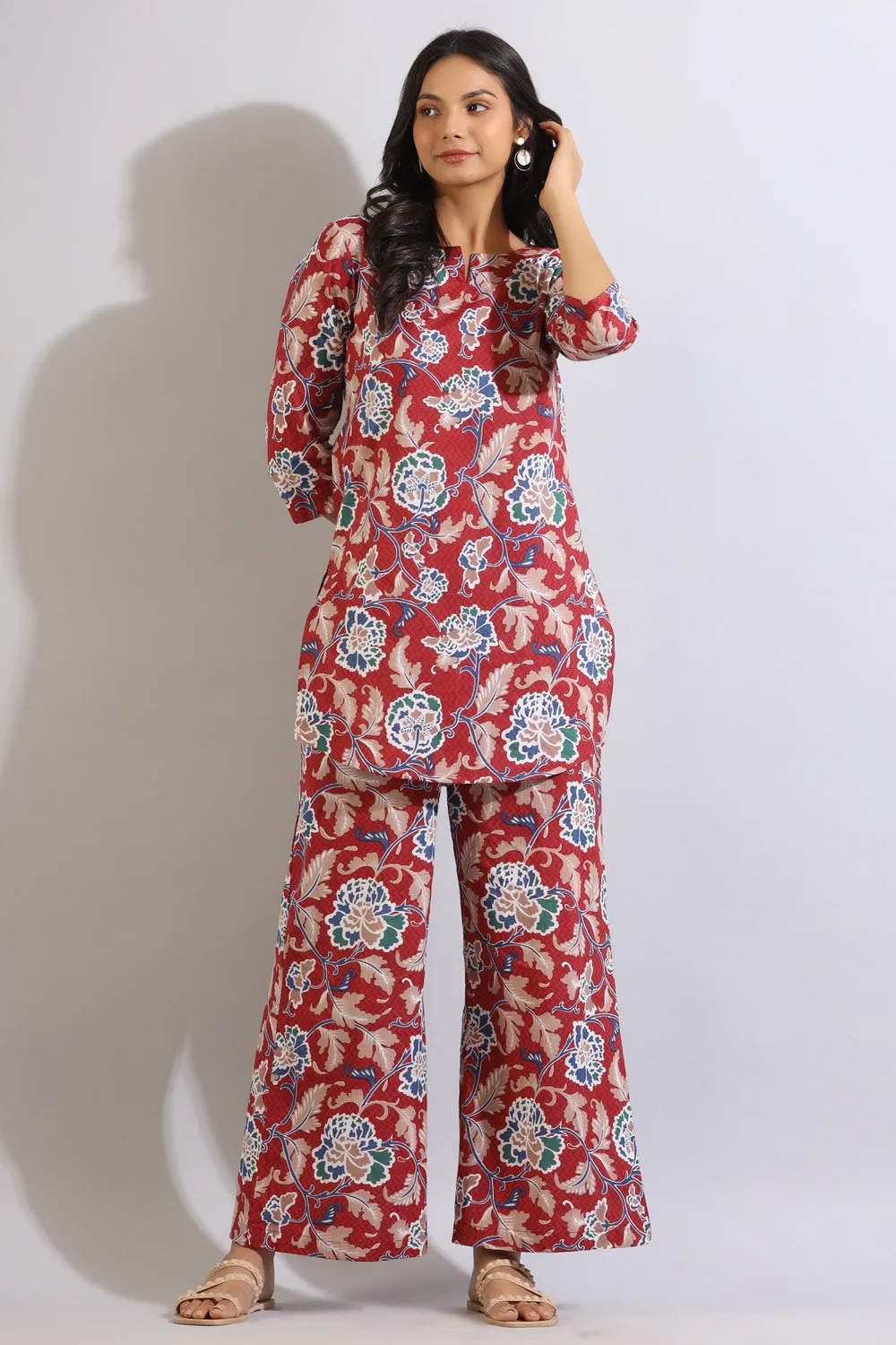 Floral Jaal on Cotton Red Palazzo Loungewear Set