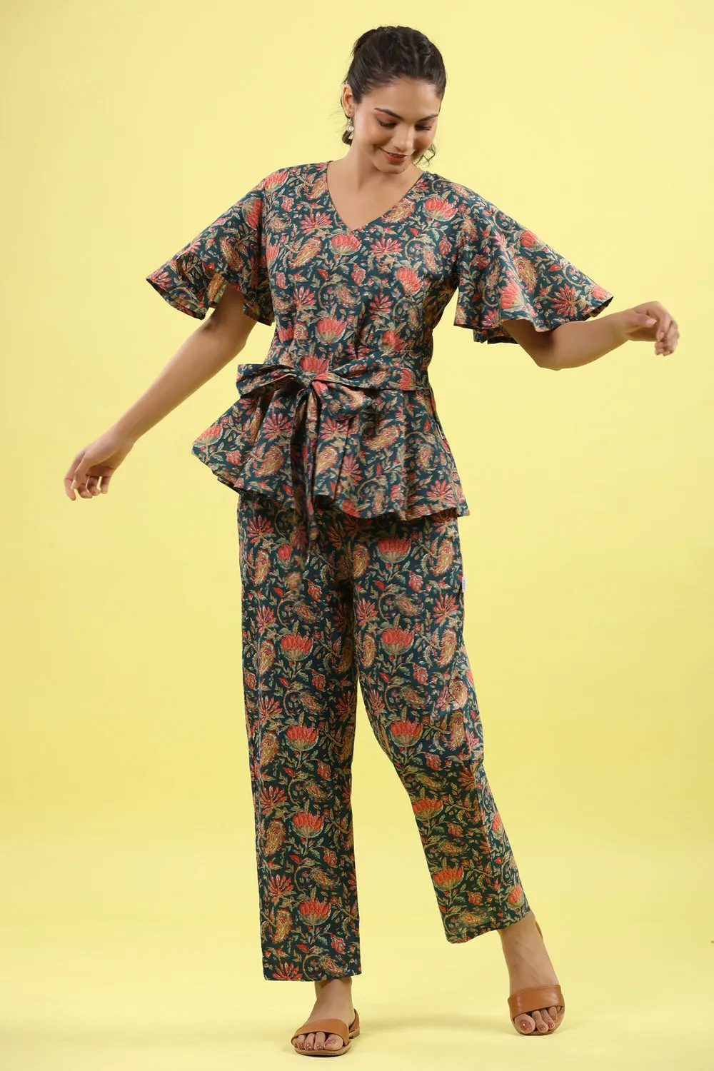 Floral Jaal on Indigo Lounge Loungewear Top Set