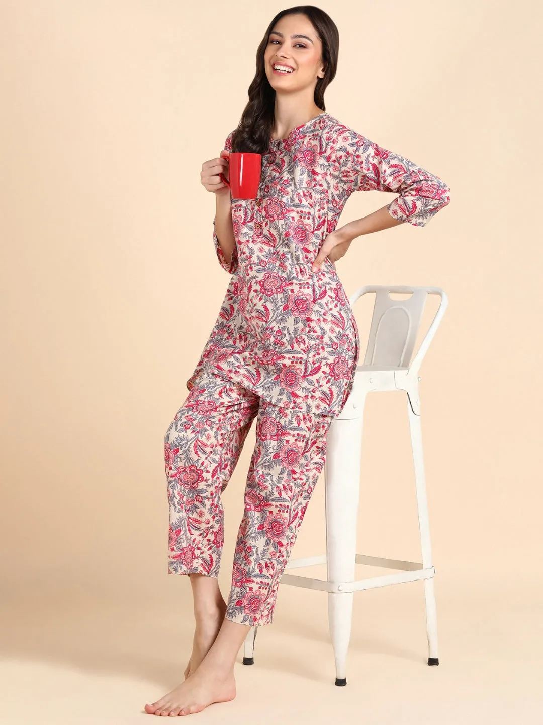 Floral Print Pure Cotton Lounge-wear Set - Pink