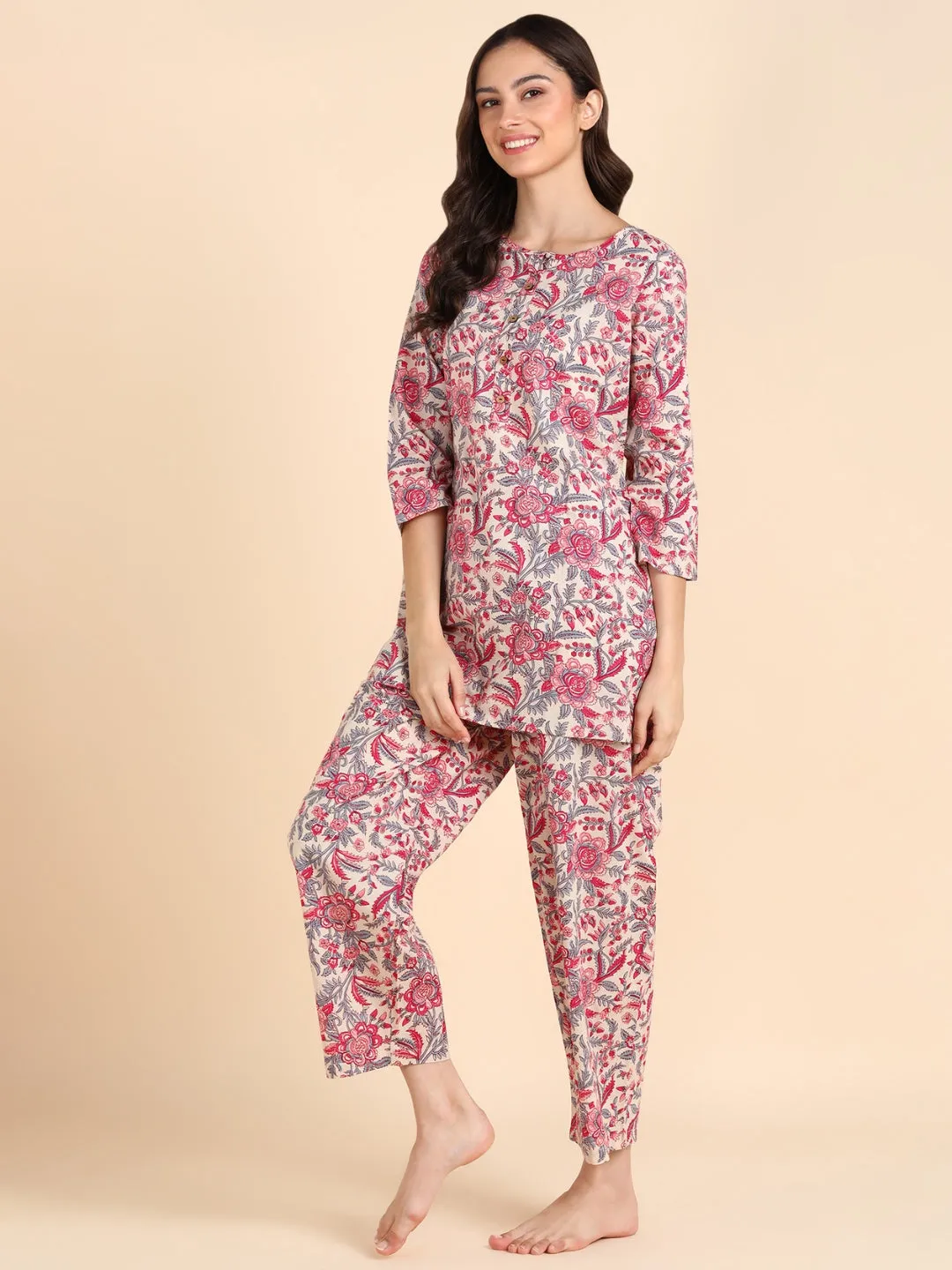 Floral Print Pure Cotton Lounge-wear Set - Pink