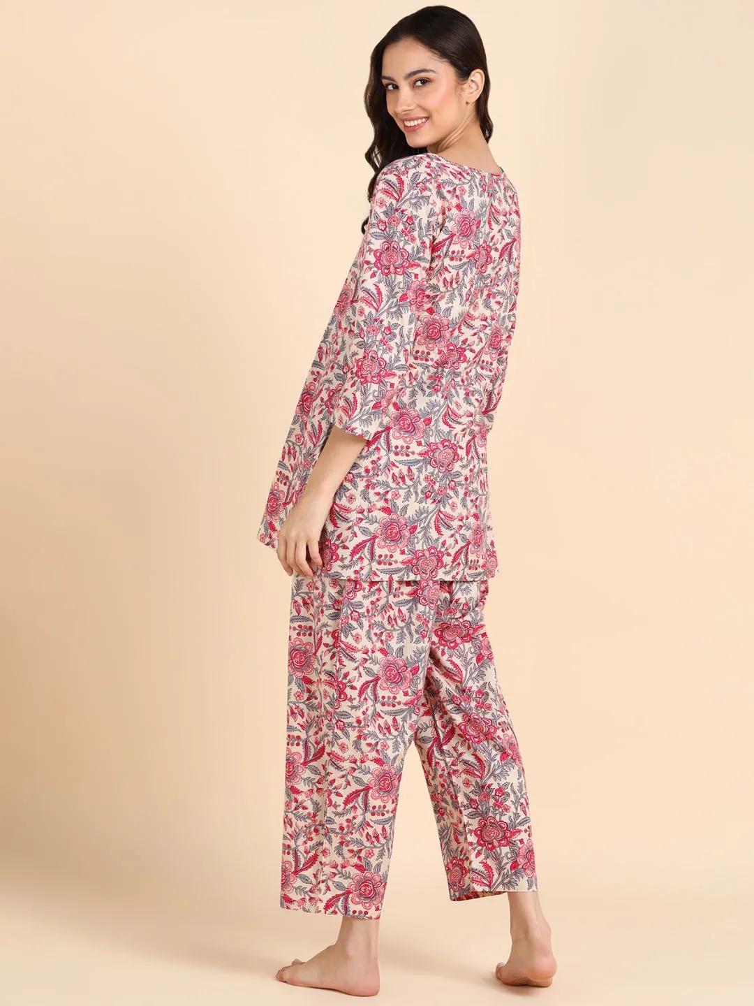 Floral Print Pure Cotton Lounge-wear Set - Pink