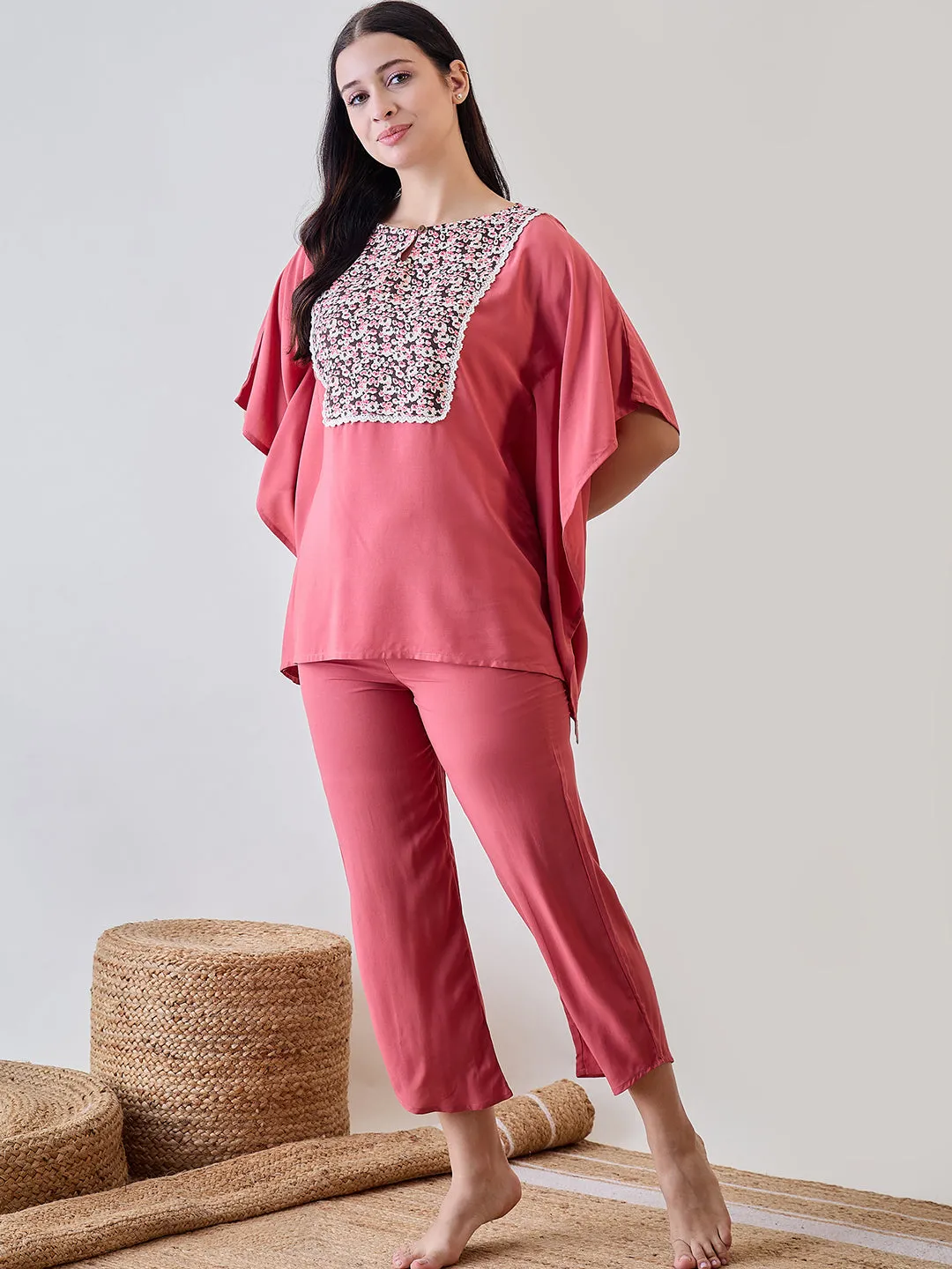 Floral Yoke Lace Detailed Pink Soft Modal Lounge Set