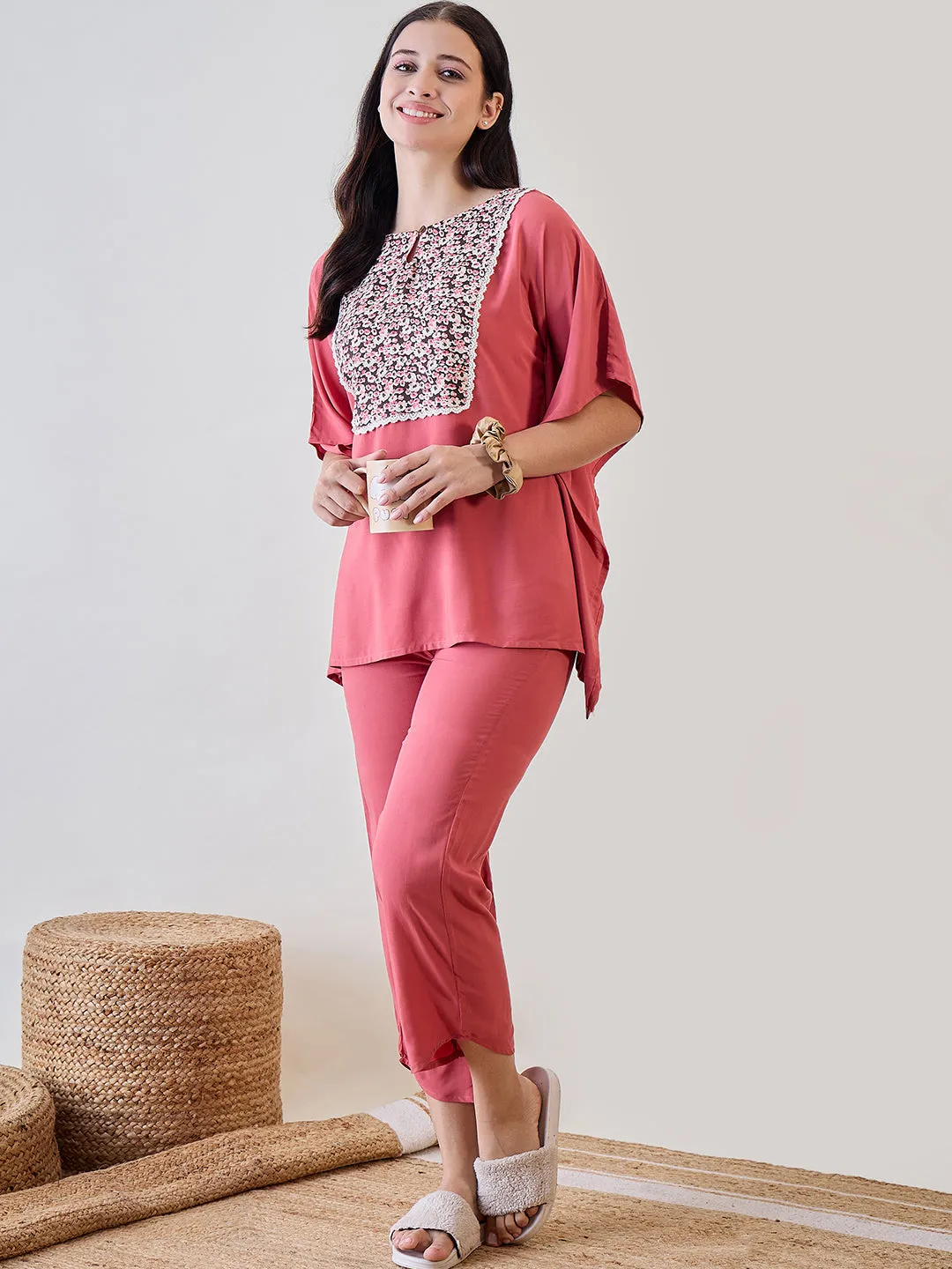 Floral Yoke Lace Detailed Pink Soft Modal Lounge Set